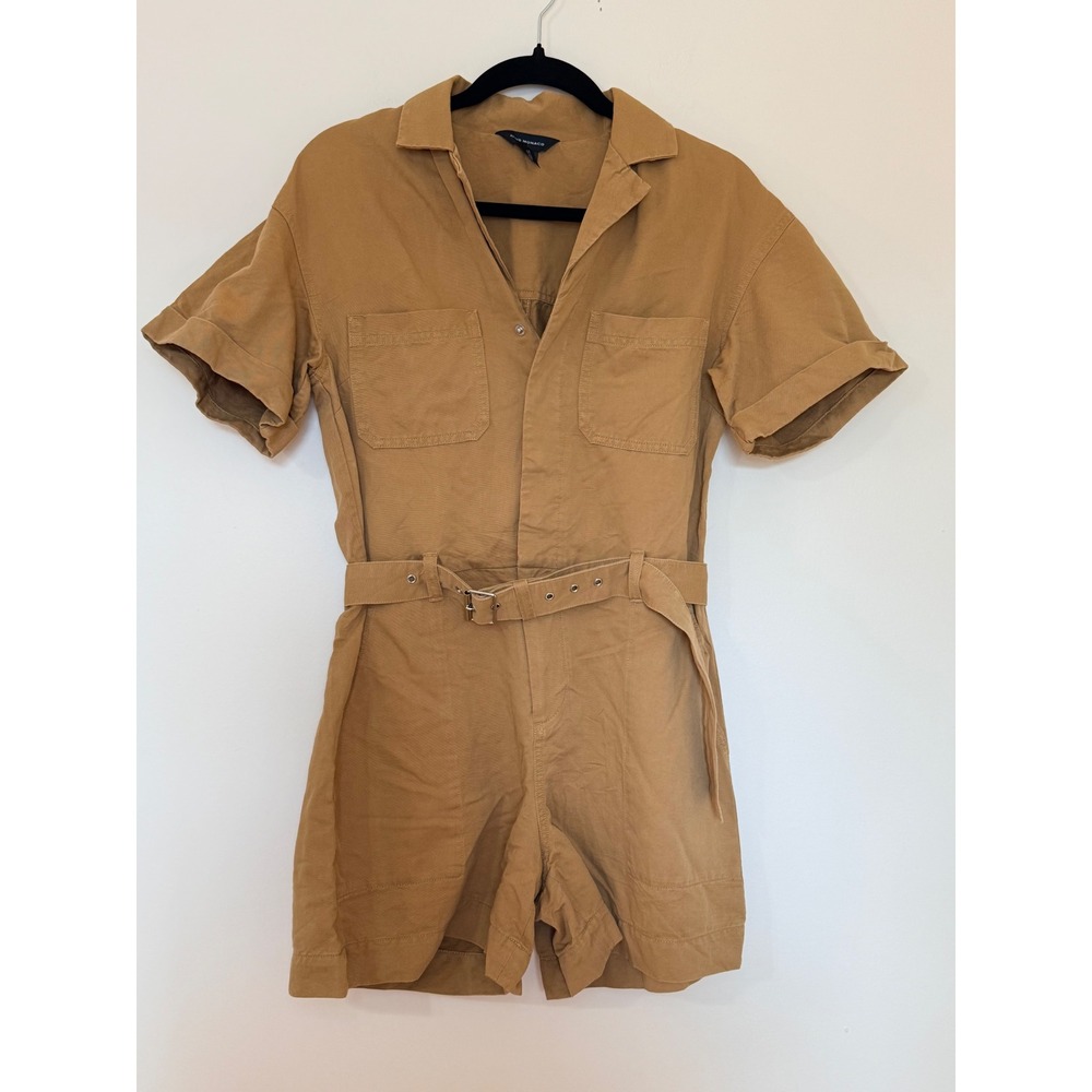 Club Monaco Women Tan Linen Cotton Utility Romper Belted Short Sleeve Size 2